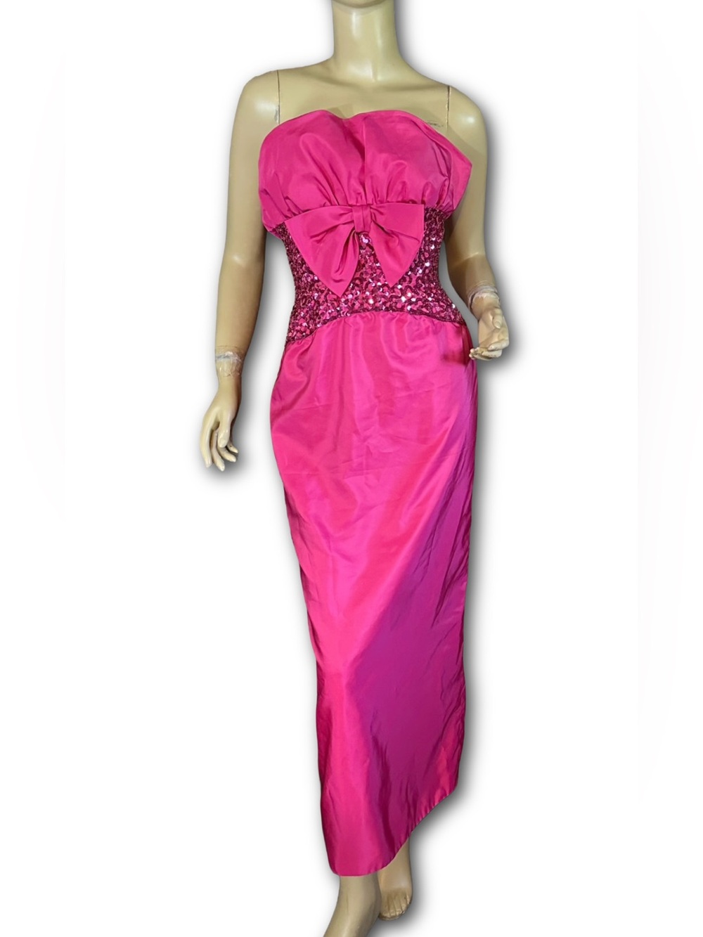 VINTAGE 1980'S HOT PINK MIKE BENET STRAPLESS SATIN & RHINESTONE FORMAL DRESS (XS